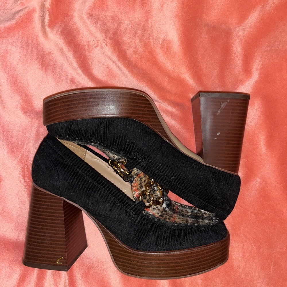 Black Velvet Platform Heels with Brown Chunky Heel